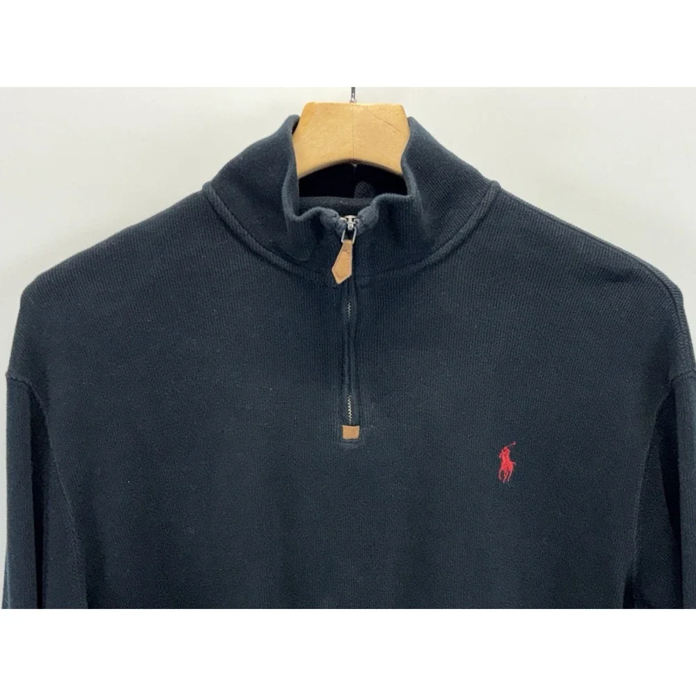 VTG Polo Ralph Lauren Mens Sweater Large Black 1/4 Zip Knit Cotton Y2K red pony
